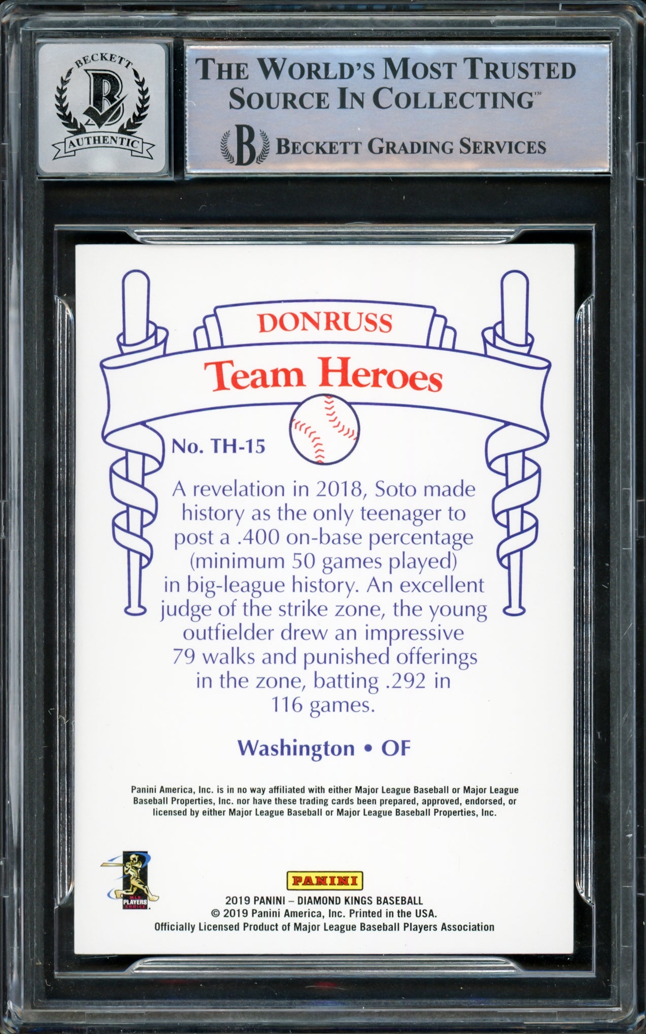 Juan Soto Autographed 2019 Donruss Diamond Kings Team Heroes Card #TH-15 New York Yankees Auto Grade Gem Mint 10 Beckett BAS #15860244