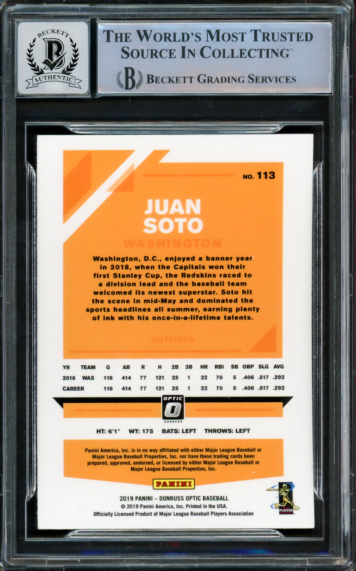 Juan Soto Autographed 2019 Donruss Optic Card #113 New York Mets Auto Grade Gem Mint 10 Beckett BAS #15860248