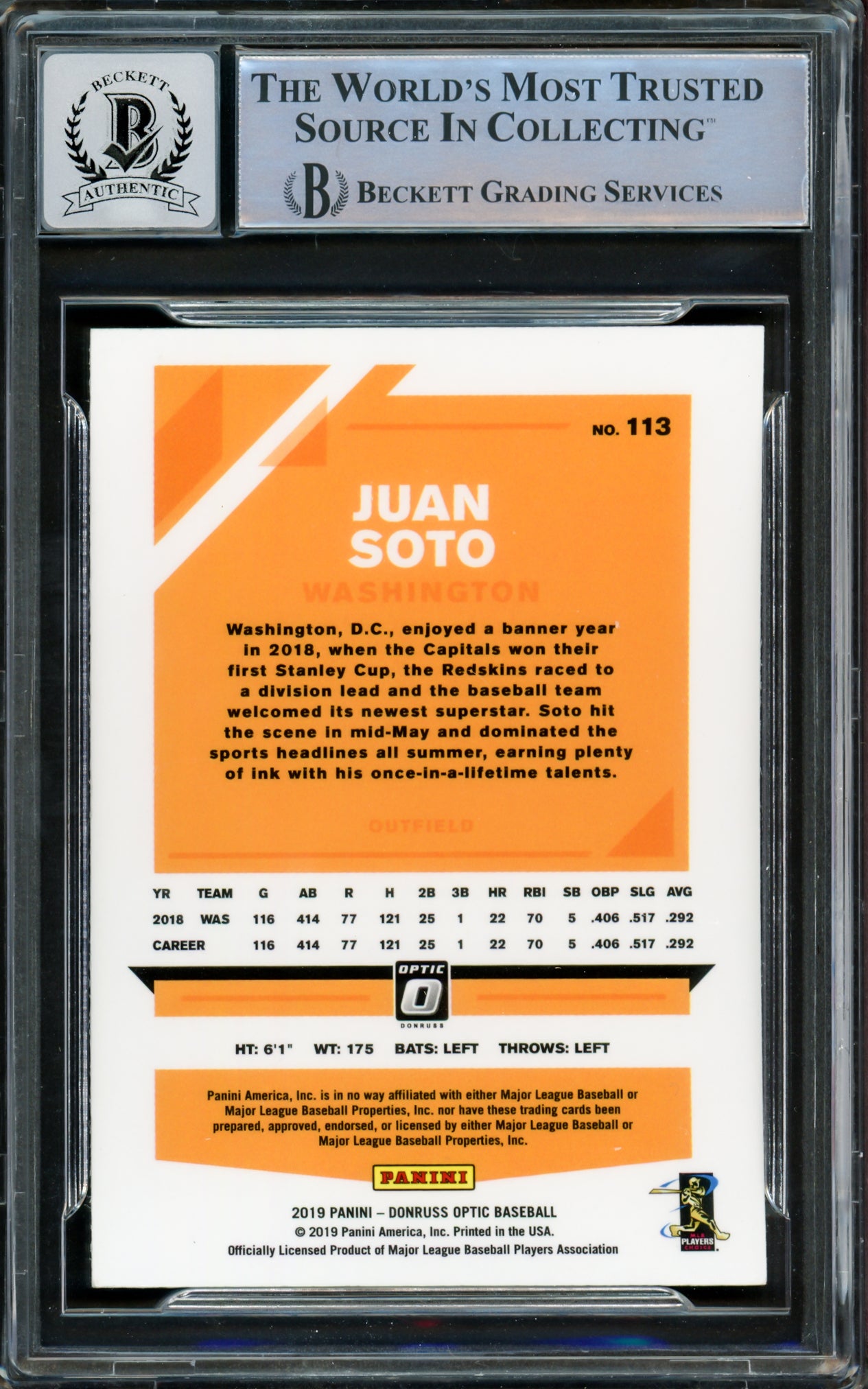 Juan Soto Autographed 2019 Donruss Optic Card #113 New York Yankees Auto Grade Gem Mint 10 Beckett BAS #15860248