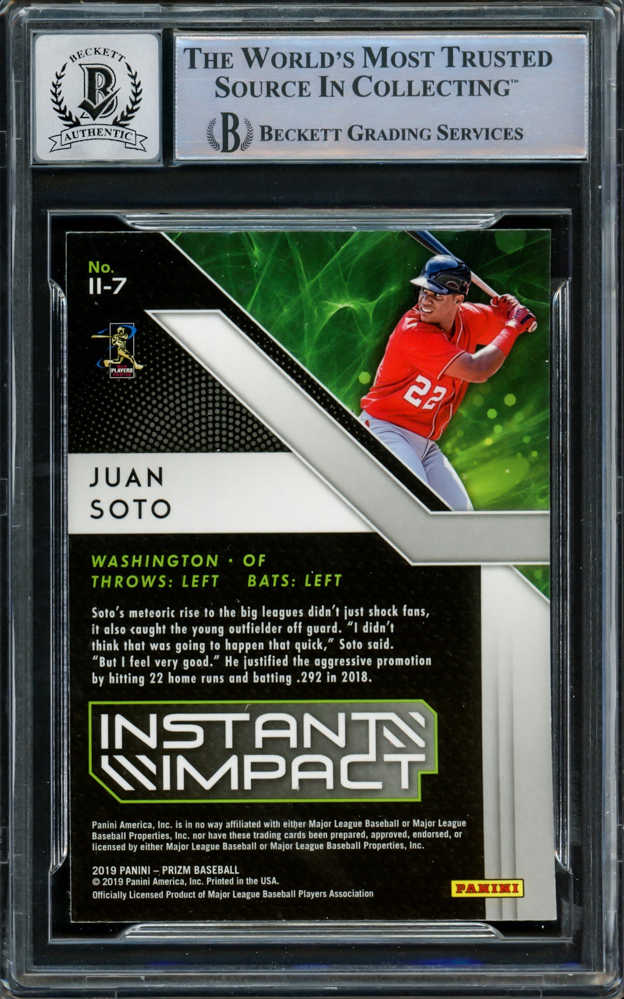 Juan Soto Autographed 2019 Panini Prizm Instant Impact Card #II-7 New York Yankees Auto Grade Gem Mint 10 Beckett BAS #15860291