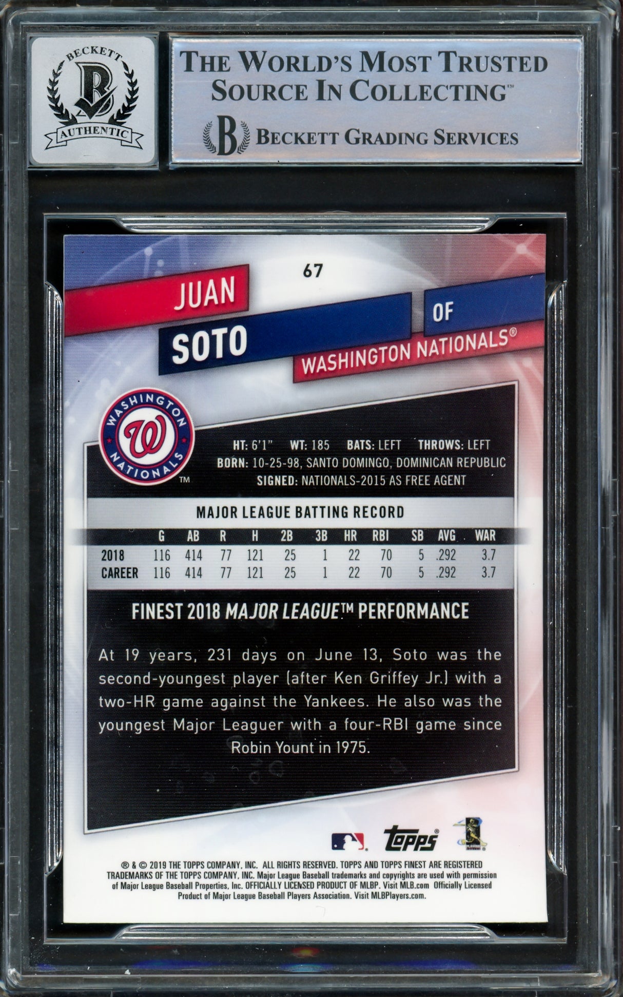 Juan Soto Autographed 2019 Topps Finest Card #67 New York Yankees Auto Grade Gem Mint 10 Beckett BAS #15860303