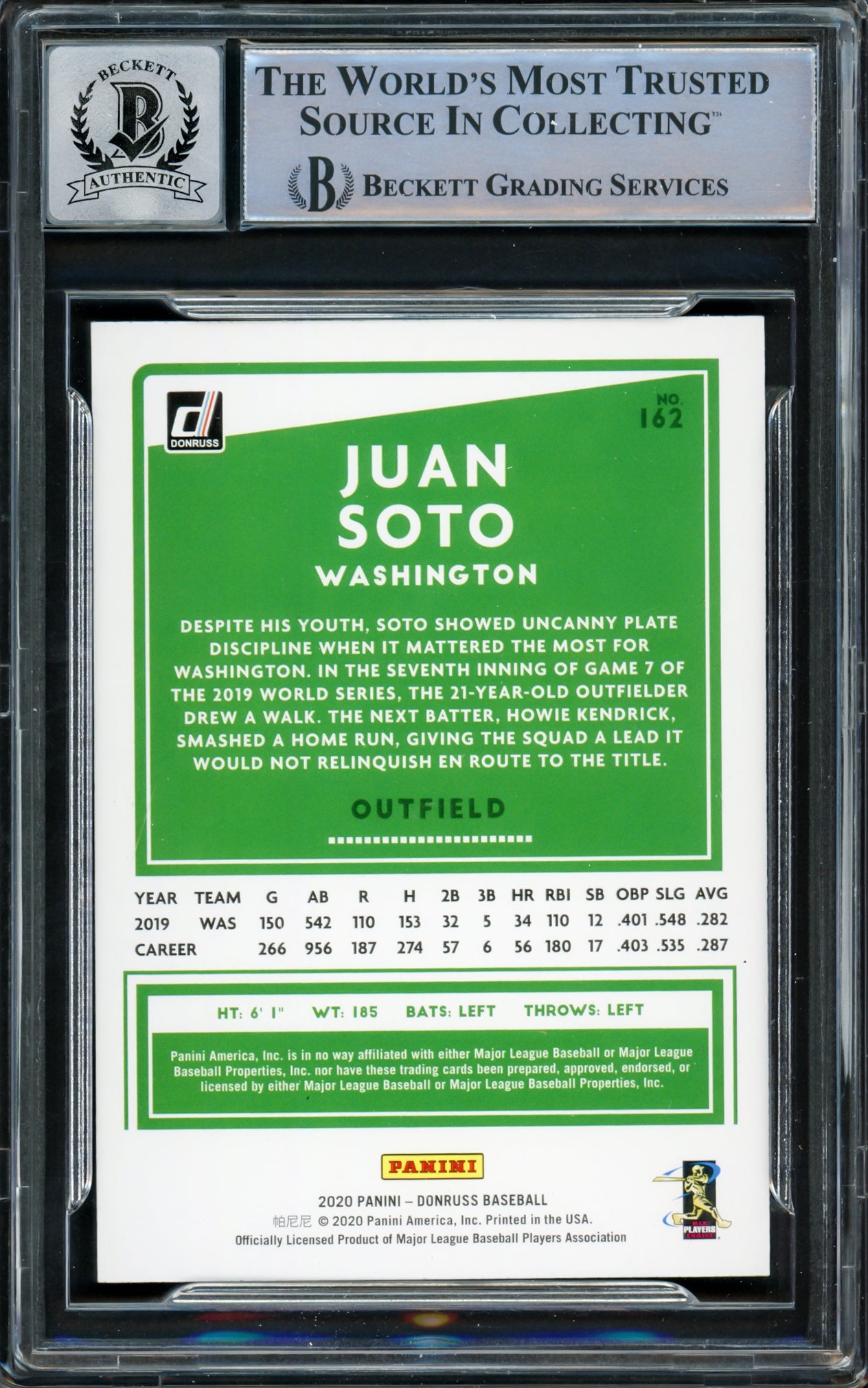 Juan Soto Autographed 2020 Donruss Card #162 New York Yankees Auto Grade Gem Mint 10 Beckett BAS #15860393