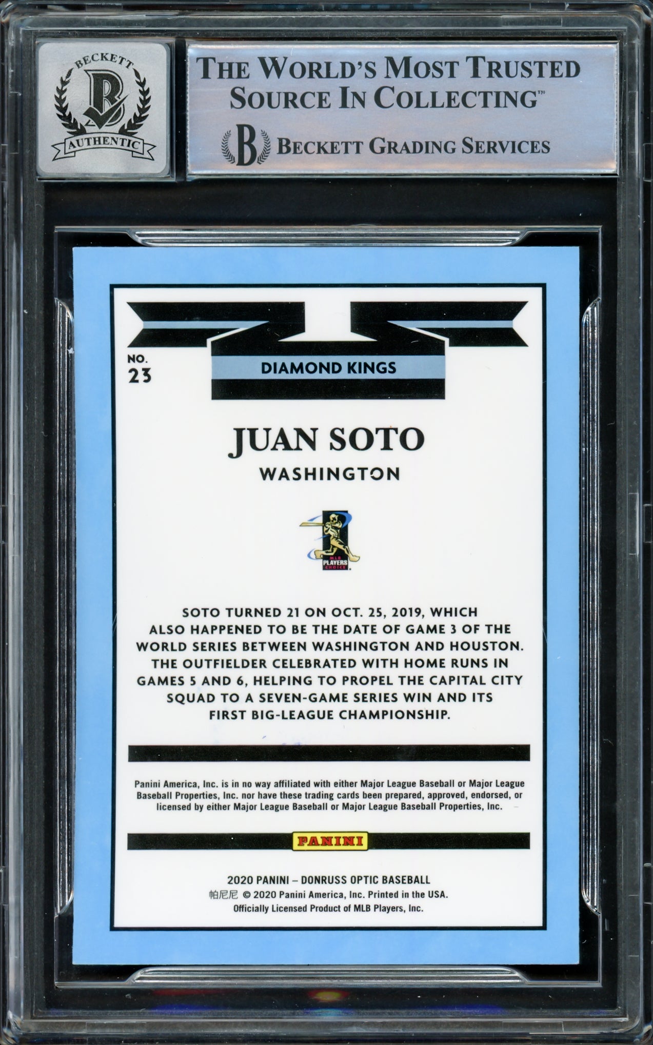 Juan Soto Autographed 2020 Donruss Optic Diamond Kings Card #23 New York Yankees Auto Grade Gem Mint 10 Beckett BAS #15860396