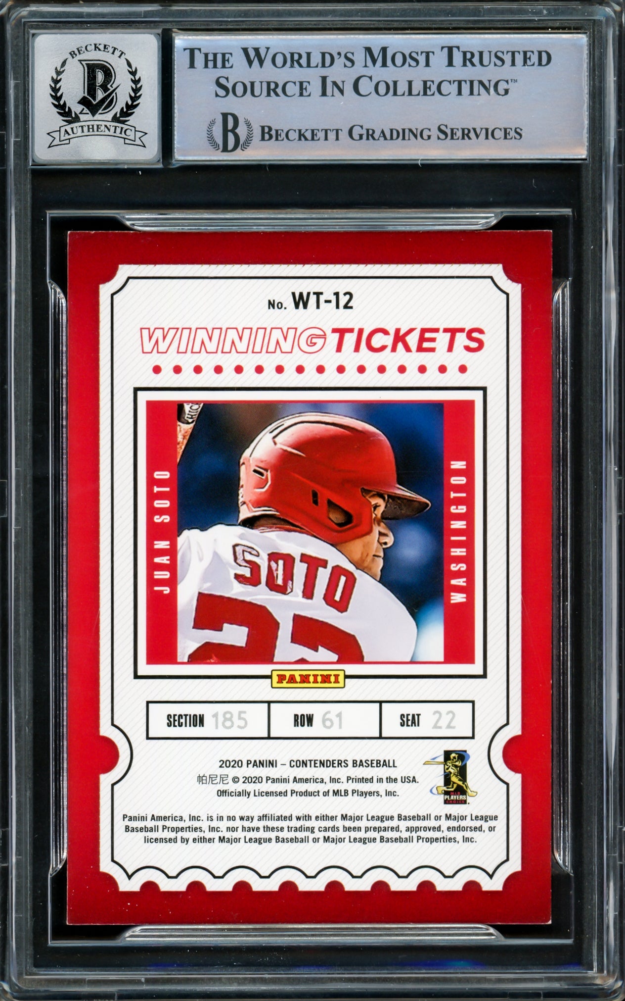Juan Soto Autographed 2020 Panini Contenders Winning Tickets Card #WT-12 New York Mets Auto Grade Gem Mint 10 Beckett BAS #15860397