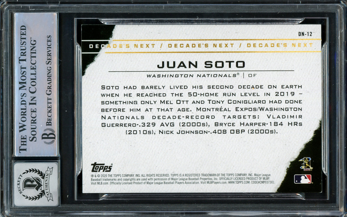 Juan Soto Autographed 2020 Topps Decade's Next Card #DN-12 New York Mets Auto Grade Gem Mint 10 Beckett BAS #15860422