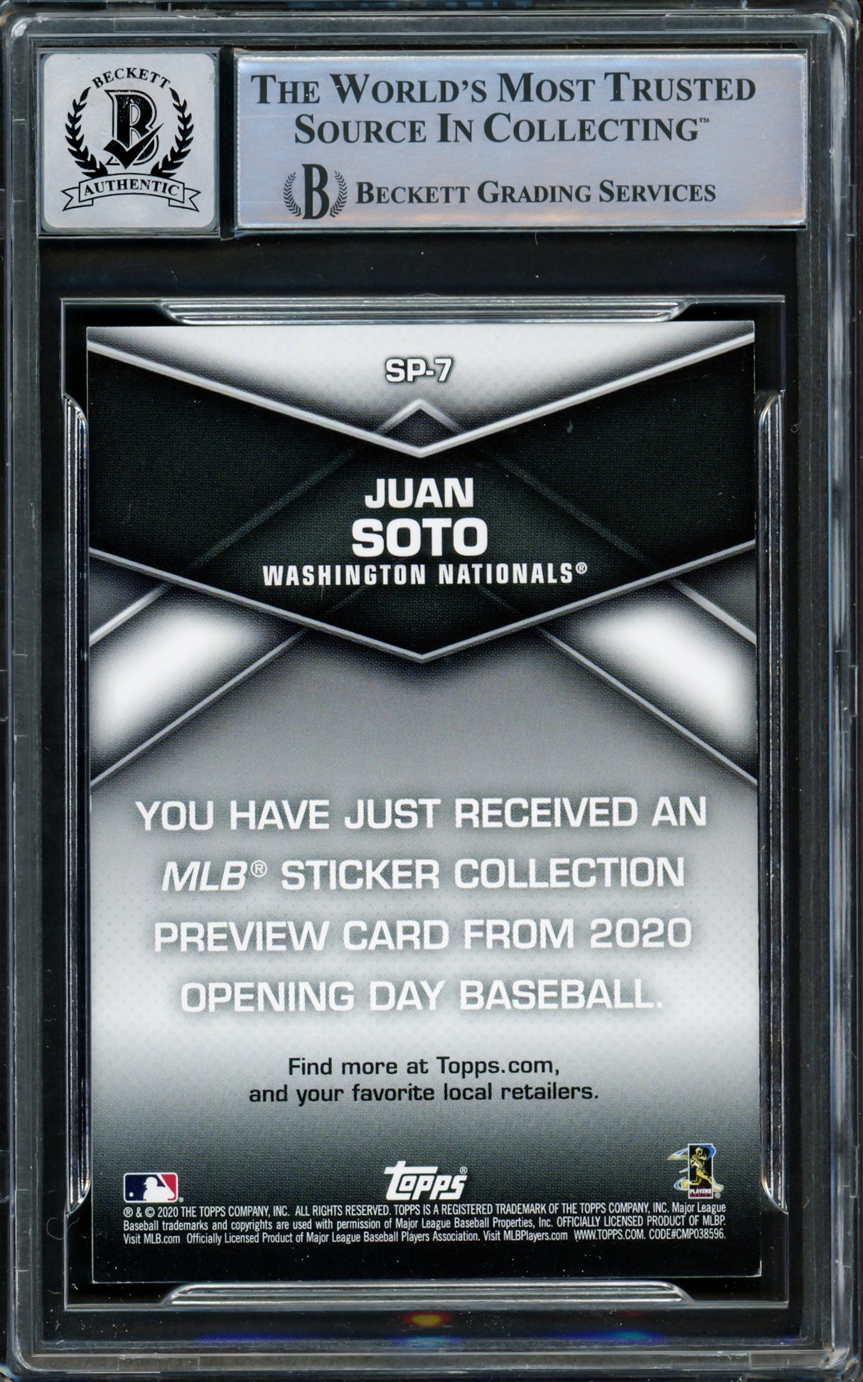 Juan Soto Autographed 2020 Topps Opening Day Sticker Preview Card #SP-7 New York Mets Auto Grade Gem Mint 10 Beckett BAS #15860423