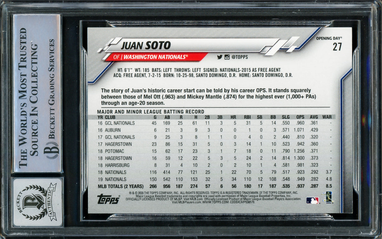 Juan Soto Autographed 2020 Topps Opening Day Card #27 New York Yankees Auto Grade Gem Mint 10 Beckett BAS #15860426