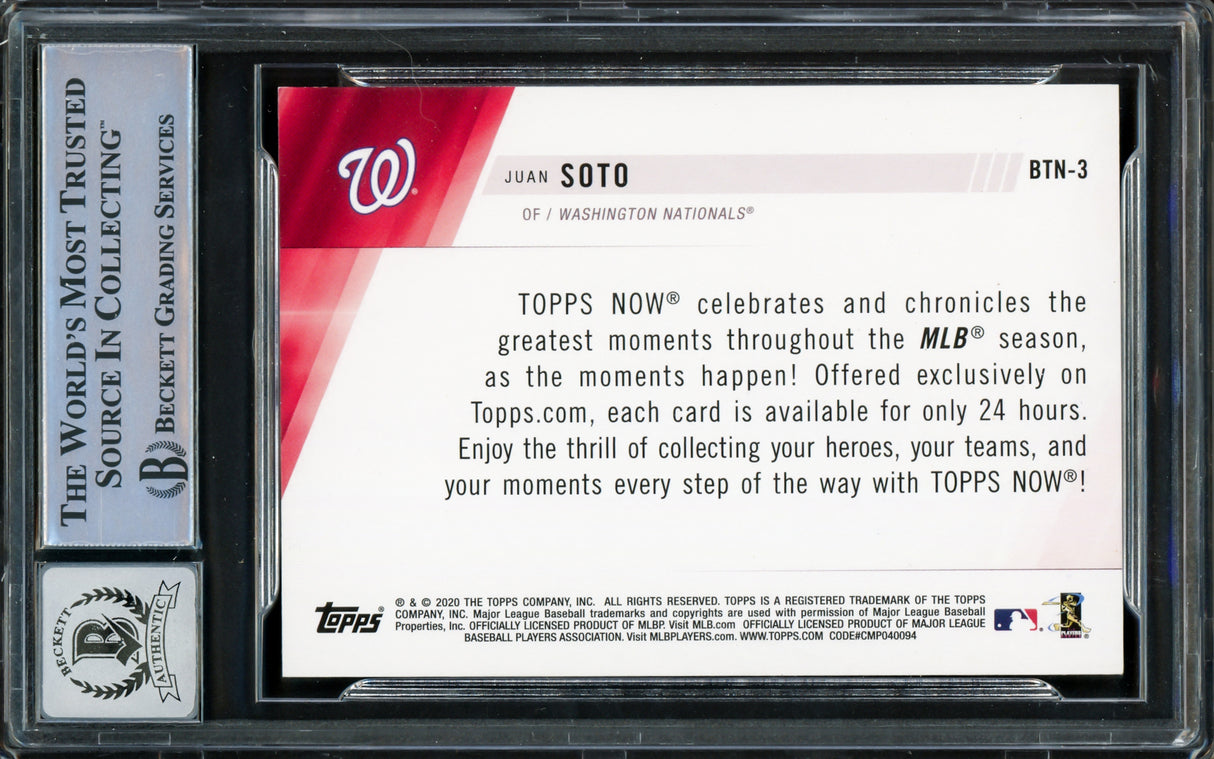 Juan Soto Autographed 2020 Topps Now Card #BTN-3 New York Yankees Auto Grade Gem Mint 10 Beckett BAS #15860482