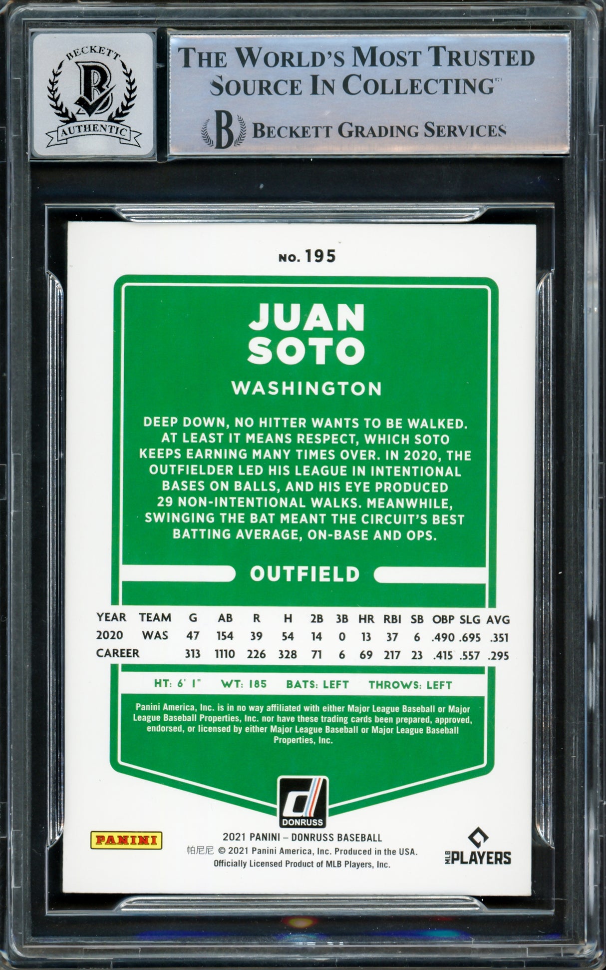 Juan Soto Autographed 2021 Donruss Card #195 New York Mets Auto Grade Gem Mint 10 Beckett BAS #15860487