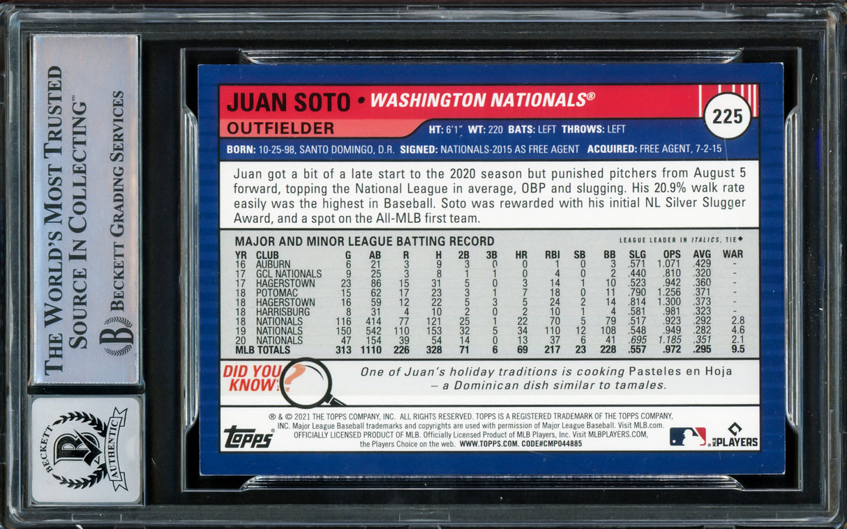Juan Soto Autographed 2021 Topps Big League Card #225 New York Yankees Auto Grade Gem Mint 10 Beckett BAS #15860524