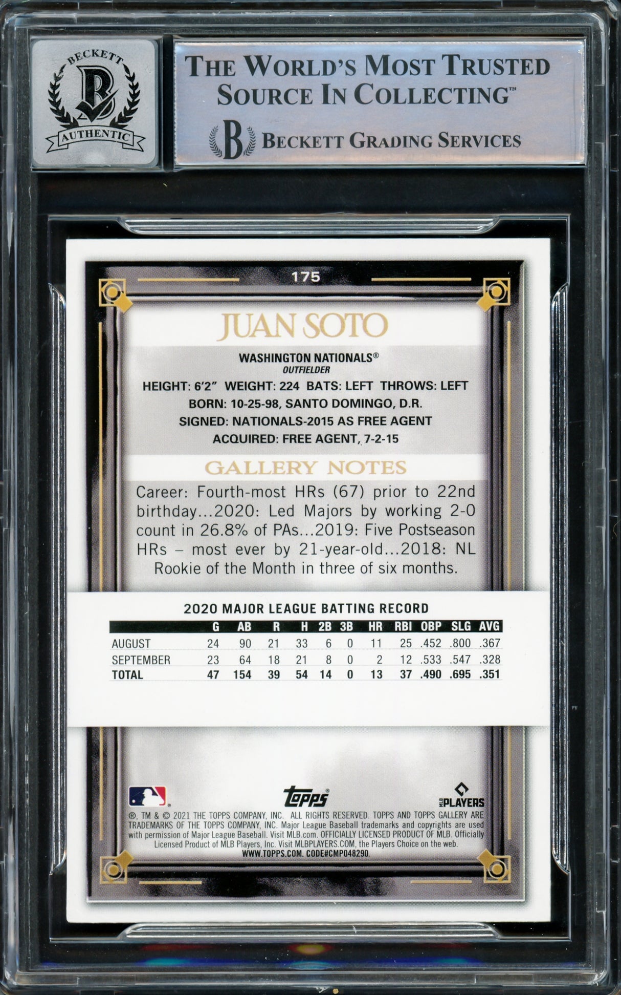 Juan Soto Autographed 2021 Topps Gallery Card #175 New York Yankees Auto Grade Gem Mint 10 Beckett BAS #15860529