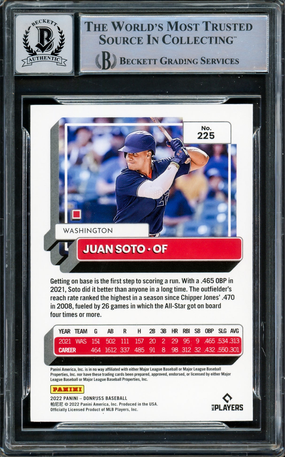 Juan Soto Autographed 2022 Donruss Card #225 New York Yankees Auto Grade Gem Mint 10 Beckett BAS #15860603
