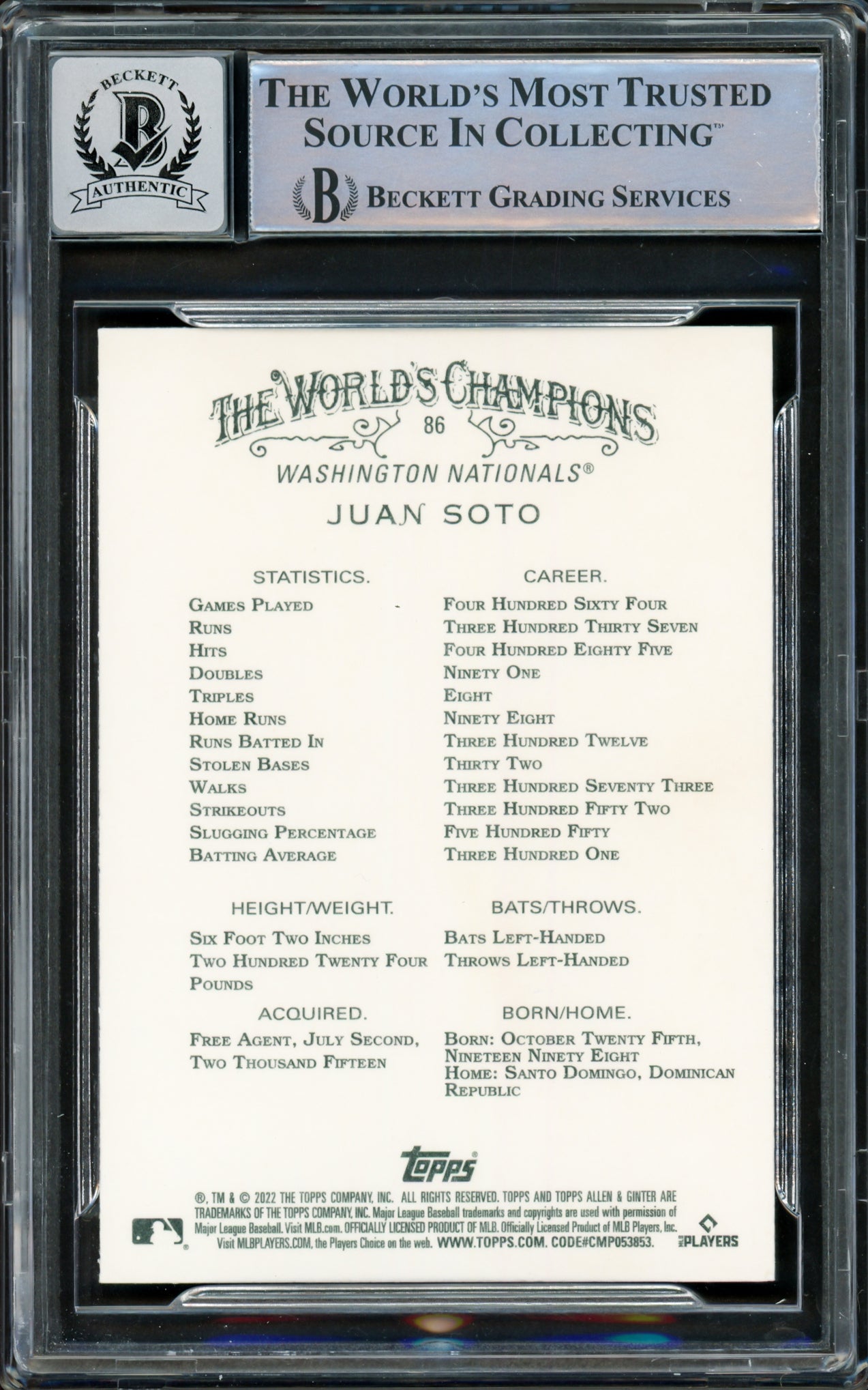 Juan Soto Autographed 2022 Topps Allen & Ginter Card #86 New York Yankees Auto Grade Gem Mint 10 Beckett BAS #15860629