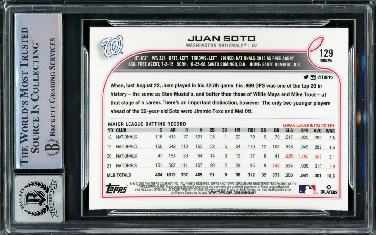 Juan Soto Autographed 2022 Topps Chrome Card #129 New York Mets Auto Grade Gem Mint 10 Beckett BAS #15860654