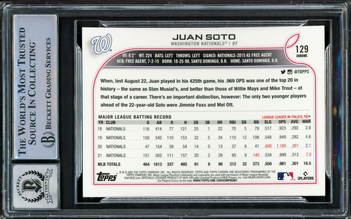 Juan Soto Autographed 2022 Topps Chrome Card #129 New York Mets Auto Grade Gem Mint 10 Beckett BAS #15860655