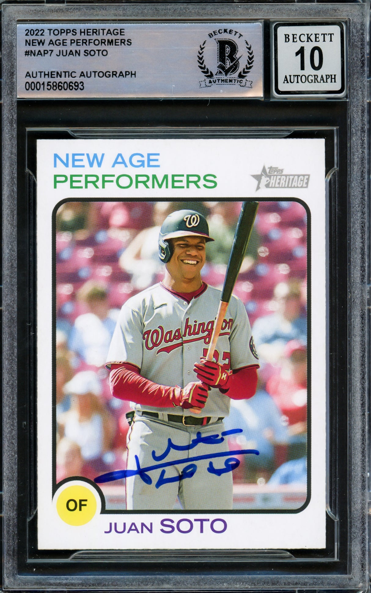 Juan Soto Autographed 2022 Topps Heritage New Age Performers Card #NAP-7 New York Mets Auto Grade Gem Mint 10 Beckett BAS #15860693