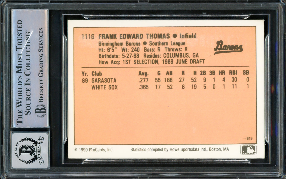 Frank Thomas Autographed 1990 ProCards Rookie Card #1116 Birmingham Barons Auto Grade Gem Mint 10 Beckett BAS #15860869