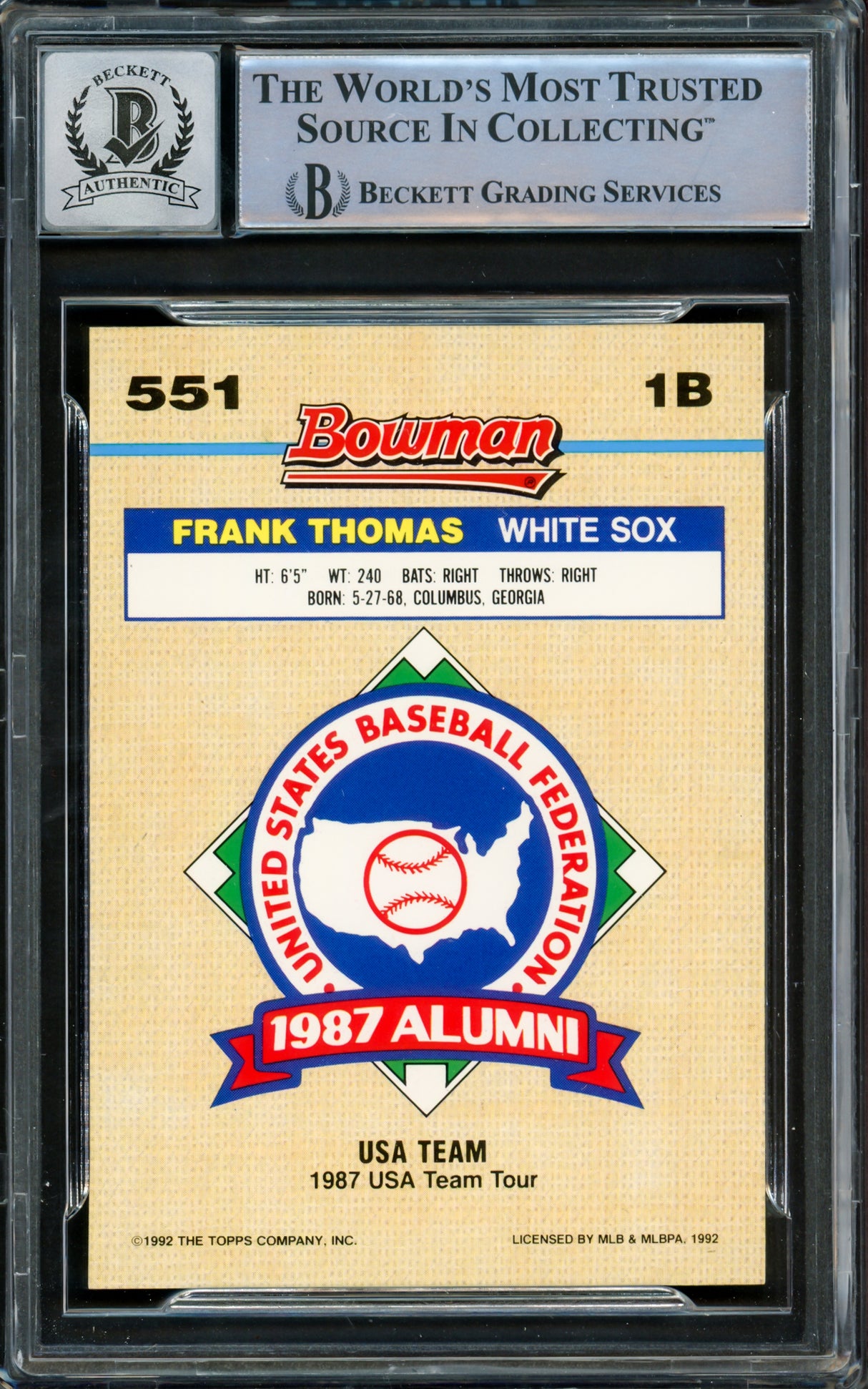 Frank Thomas Autographed 1992 Bowman Gold Foil Card #551 Chicago White Sox Auto Grade Gem Mint 10 Beckett BAS #15860897
