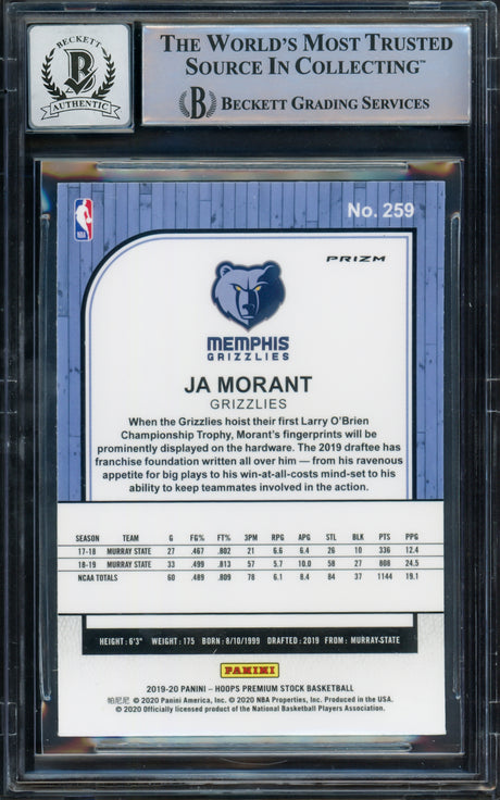 Ja Morant Autographed 2019-20 Hoops Premium Stock Prizms Pulsar Rookie Card #259 Memphis Grizzlies Auto Grade Gem Mint 10 Beckett BAS #15249214
