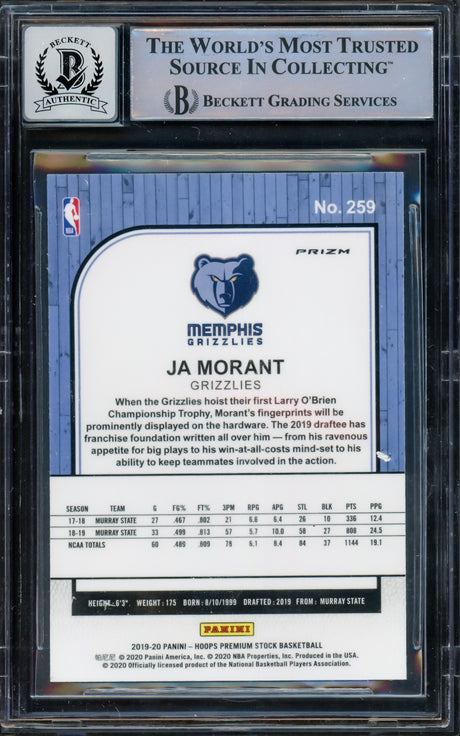 Ja Morant Autographed 2019-20 Hoops Premium Stock Prizms Pulsar Rookie Card #259 Memphis Grizzlies Auto Grade Gem Mint 10 Beckett BAS #15249212