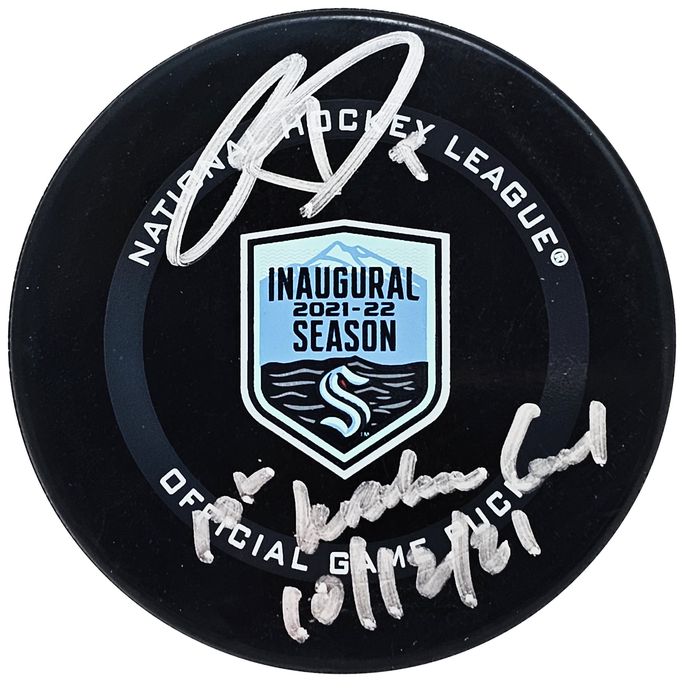 Ryan Donato Autographed Official Seattle Kraken Inaugural Season Game Logo Hockey Puck "First Kraken Goal 10/12/21" Fanatics Holo Stock #218711