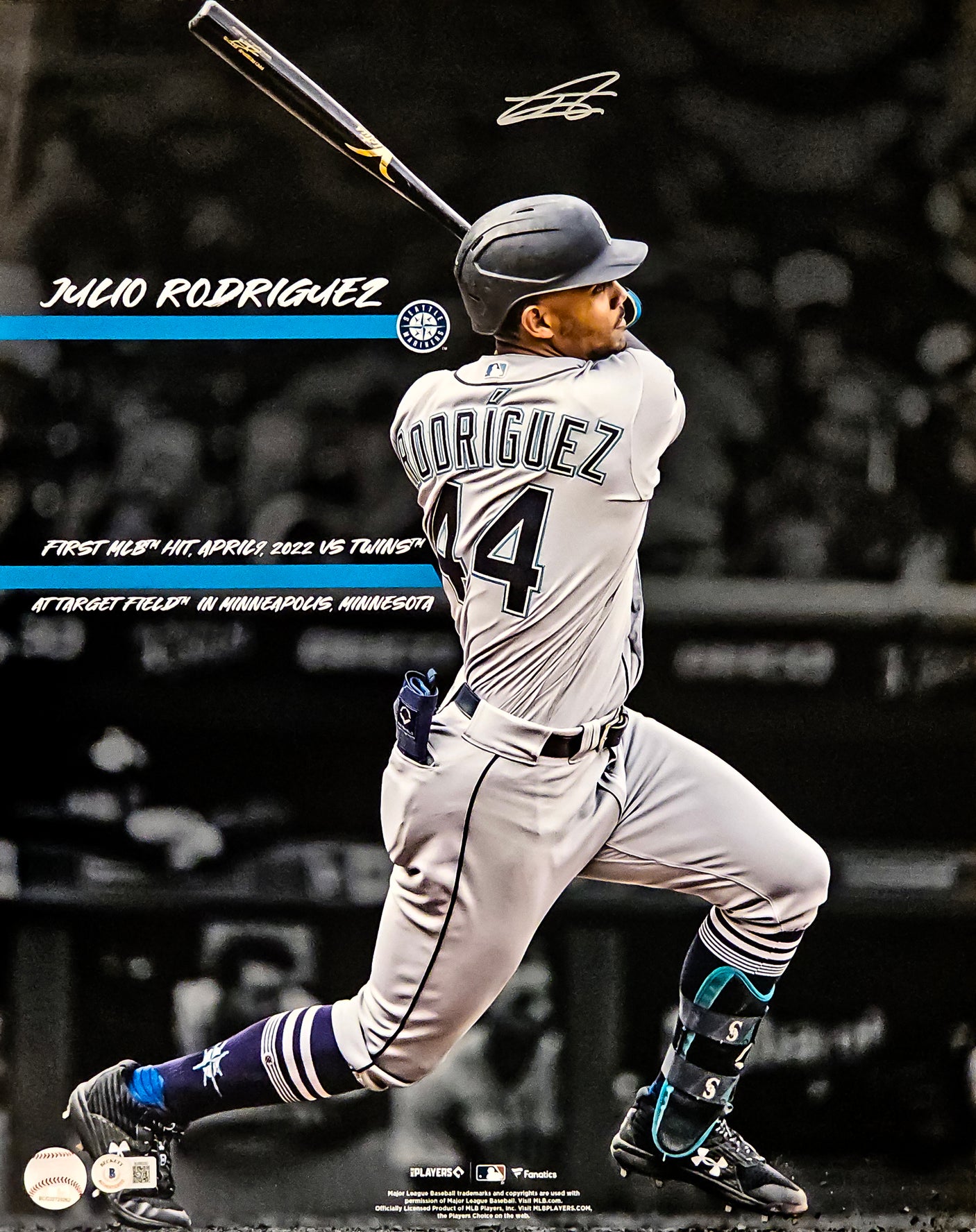 Julio Rodriguez Autographed Framed 16x20 Photo Seattle Mariners 1st Hit Beckett BAS QR Stock #221129