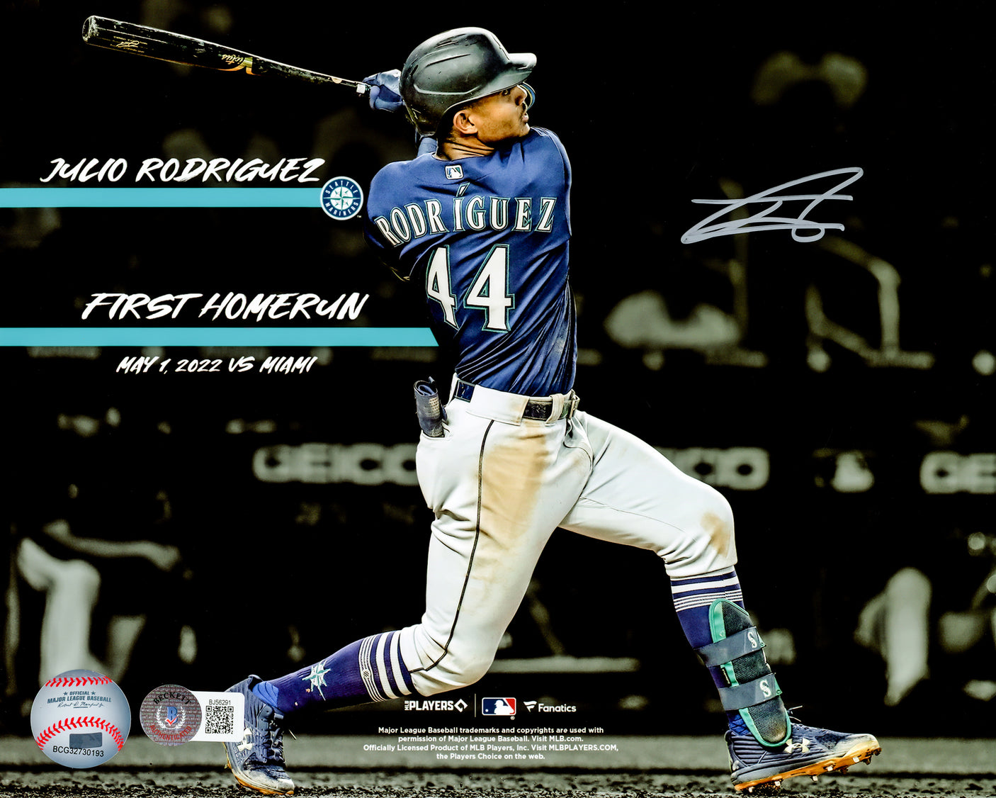 Julio Rodriguez Autographed 8X10 Photo Seattle Mariners First Home Run Beckett BAS QR Stock #219037