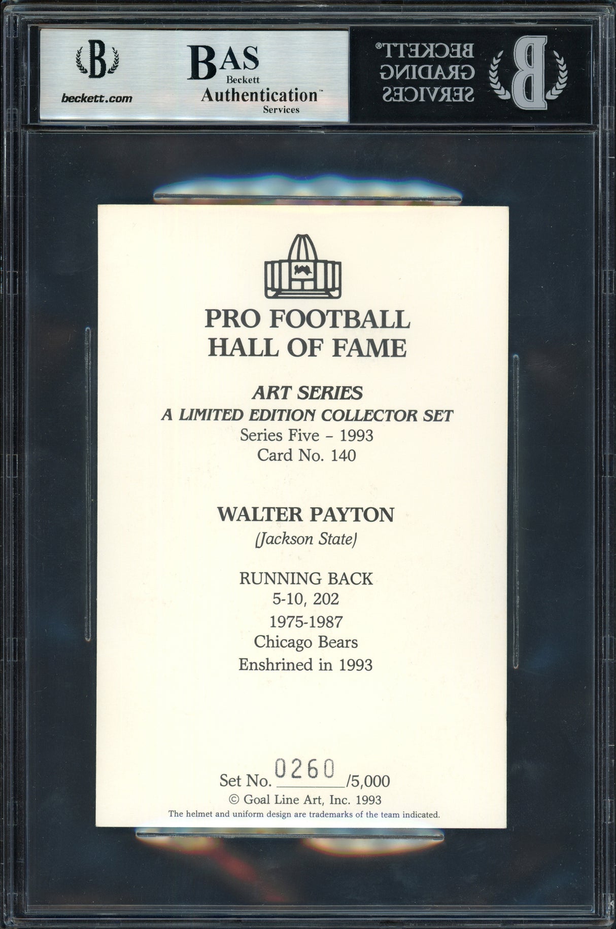 Walter Payton Autographed 1993 Goal Line Art Card #140 Chicago Bears Beckett BAS #15884906
