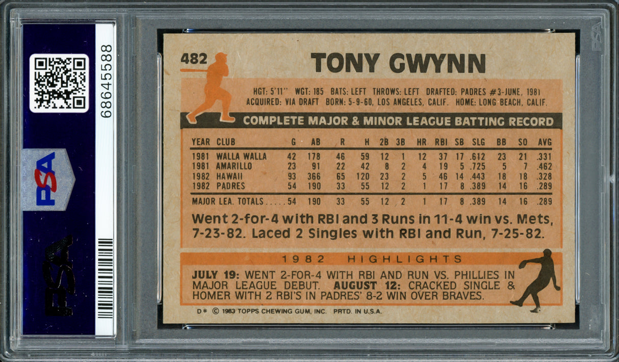 Tony Gwynn Autographed 1983 Topps Rookie Card #482 San Diego Padres PSA 8 Vintage Signature PSA/DNA #68645588