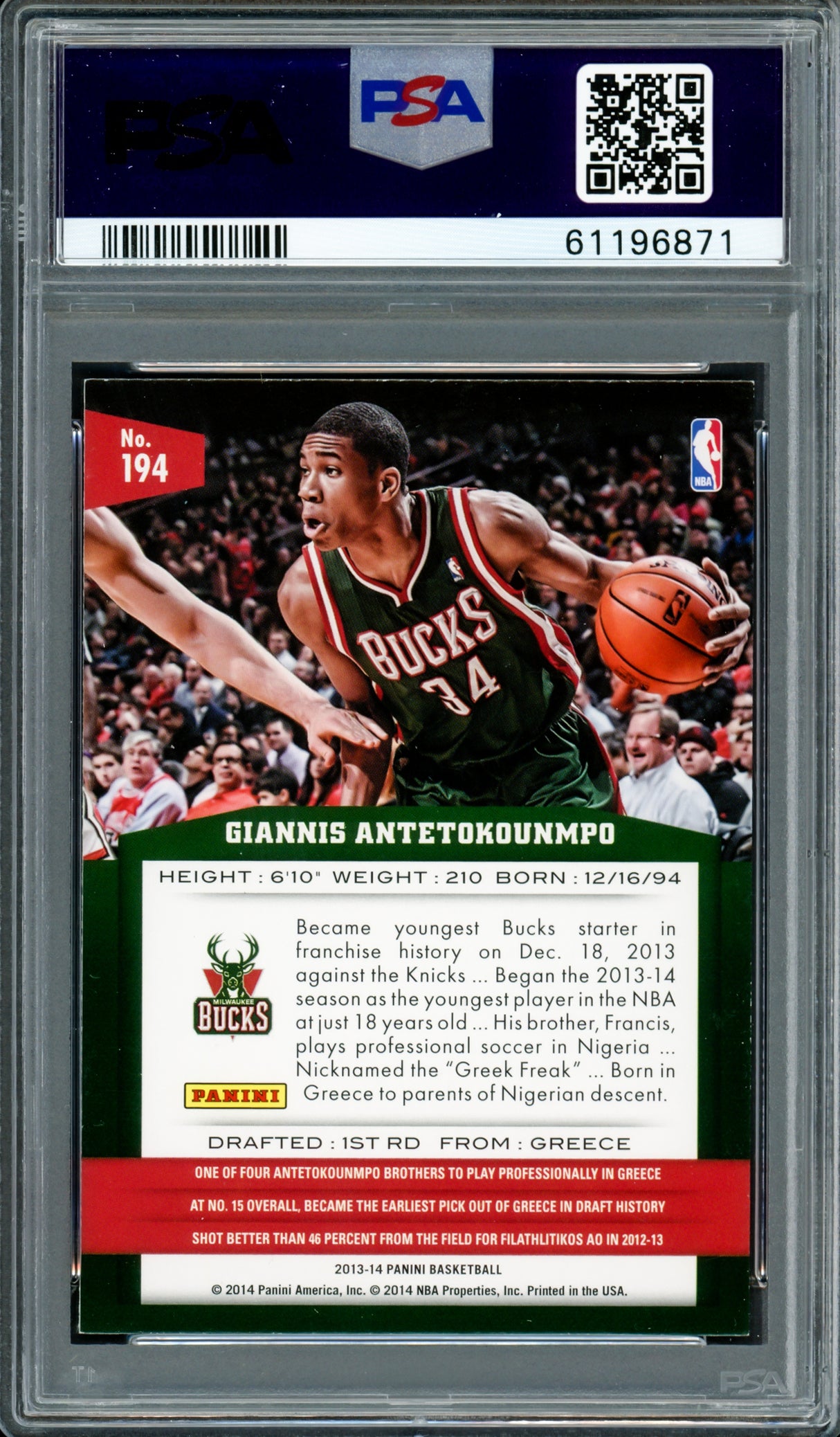 Giannis Antetokounmpo Autographed 2013 Panini Rookie Card #194 Milwaukee Bucks Auto Grade Gem Mint 10 PSA/DNA #61196871