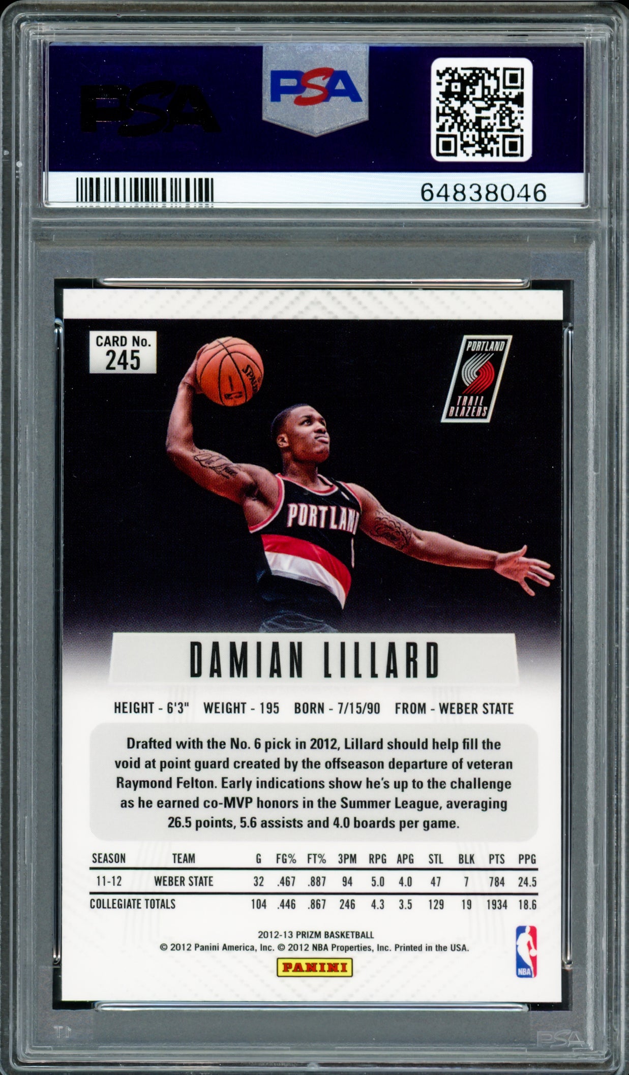 Damian Lillard Autographed 2012-13 Panini Prizm Rookie Card #245 Portland Trail Blazers PSA 10 Auto Grade Gem Mint 10 PSA/DNA #64838046