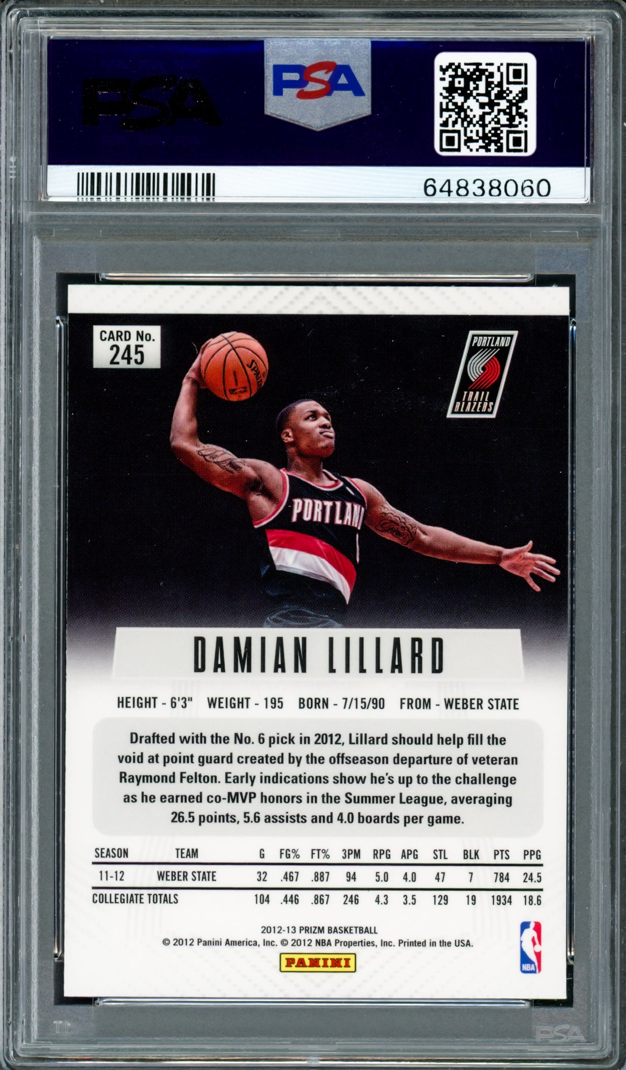Damian Lillard Autographed 2012-13 Panini Prizm Rookie Card #245 Portland Trail Blazers PSA 10 Auto Grade Gem Mint 10 PSA/DNA #64838060