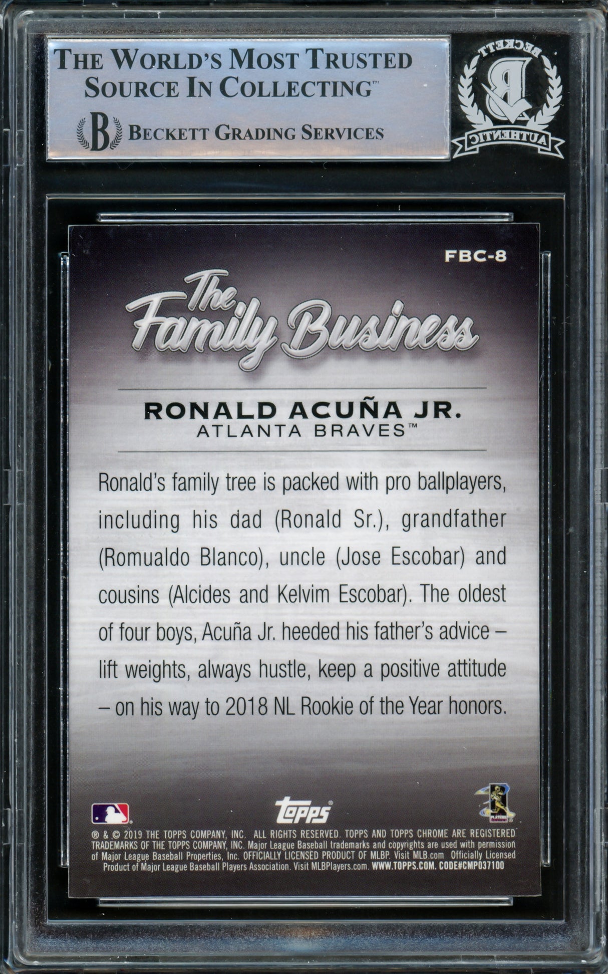 Ronald Acuna Jr. Autographed 2019 Topps Chrome Family Business Card #FBC-8 Atlanta Braves Beckett BAS #15866429