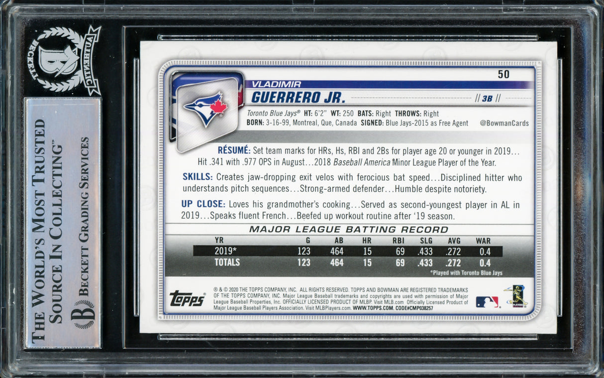 Vladimir Guerrero Jr. Autographed 2020 Bowman Card #50 Toronto Blue Jays (Smudged) Beckett BAS #15866536