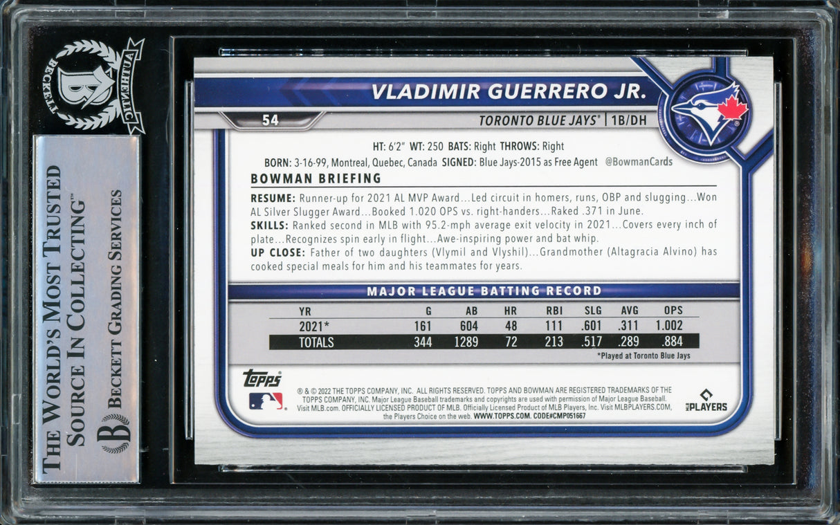 Vladimir Guerrero Jr. Autographed 2022 Bowman Card #54 Toronto Blue Jays Beckett BAS #15866546