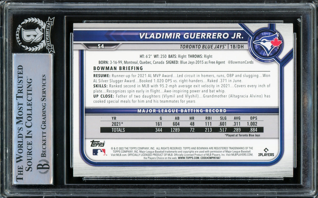 Vladimir Guerrero Jr. Autographed 2022 Bowman Card #54 Toronto Blue Jays Beckett BAS #15866545