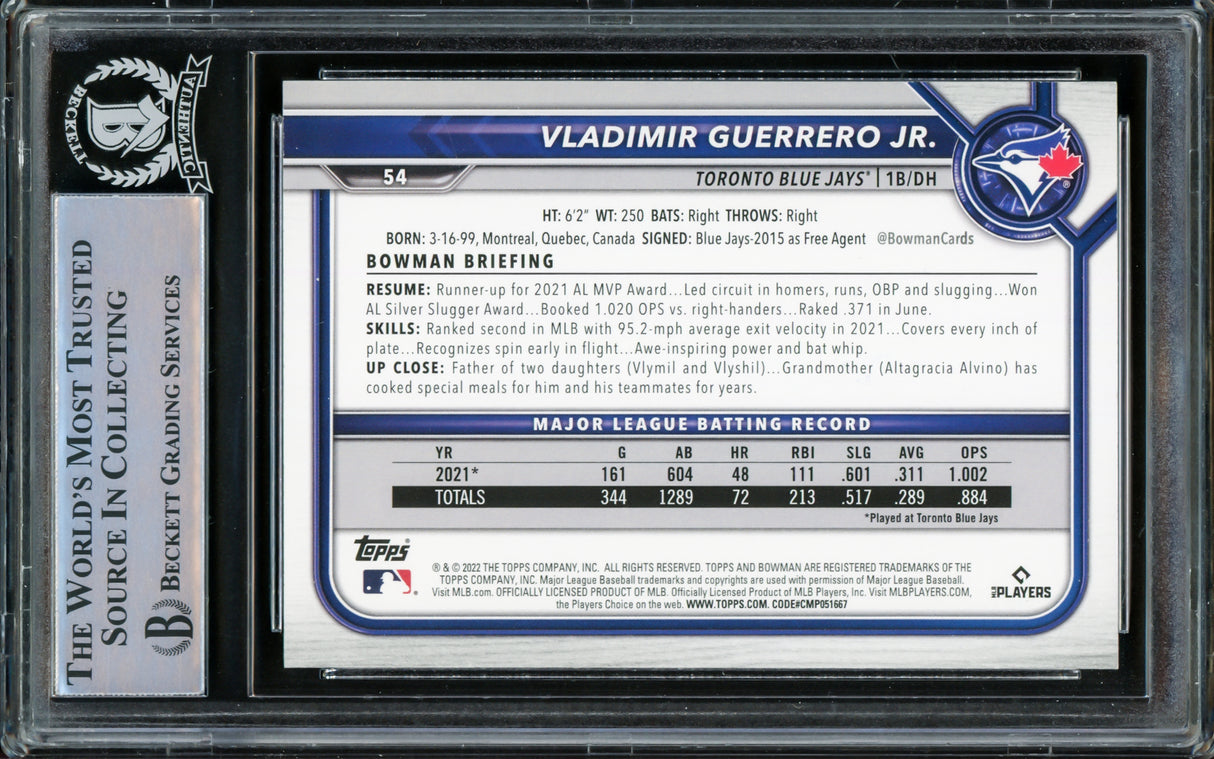 Vladimir Guerrero Jr. Autographed 2022 Bowman Card #54 Toronto Blue Jays Beckett BAS #15866544
