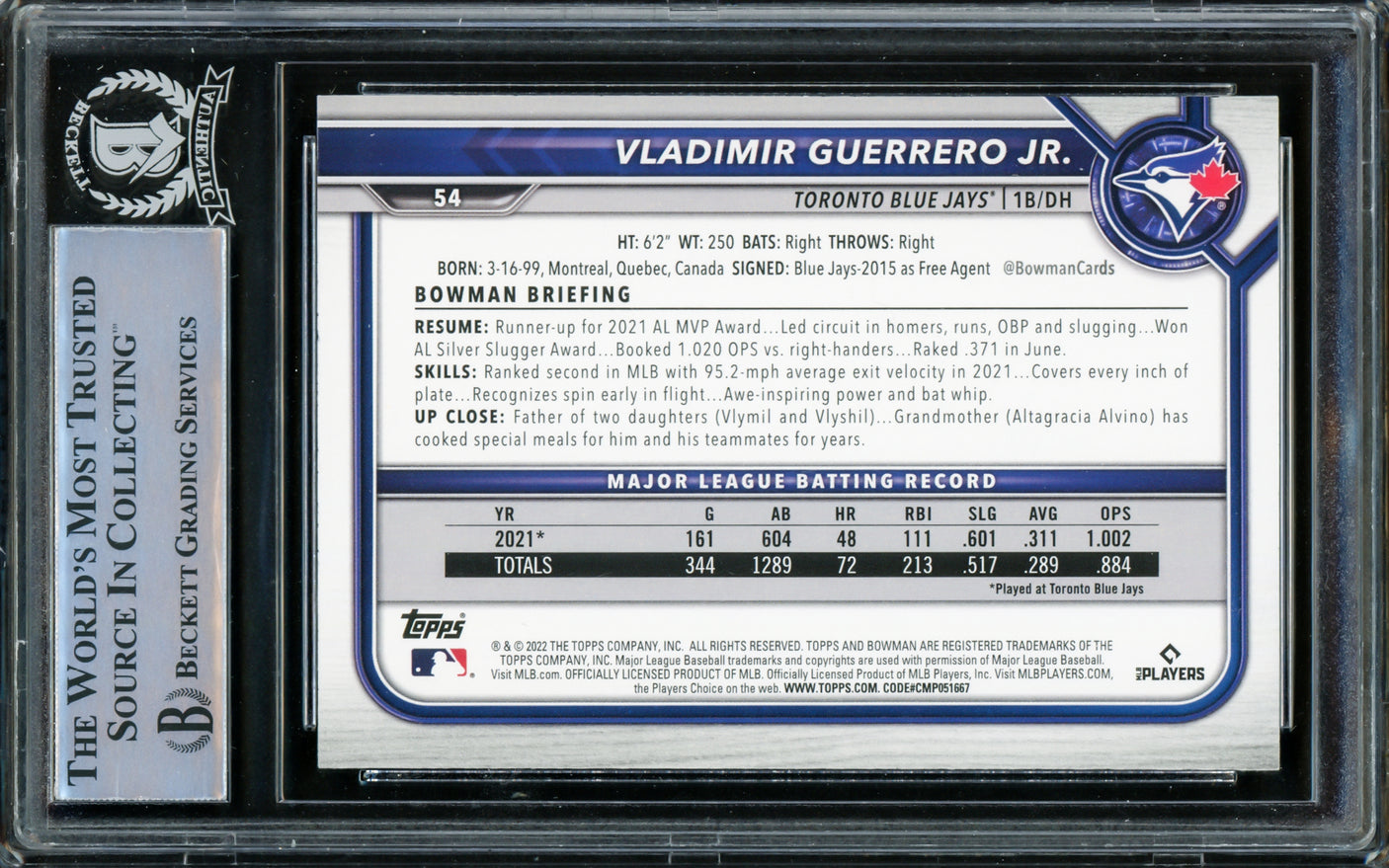 Vladimir Guerrero Jr. Autographed 2022 Bowman Card #54 Toronto Blue Jays Beckett BAS #15866547