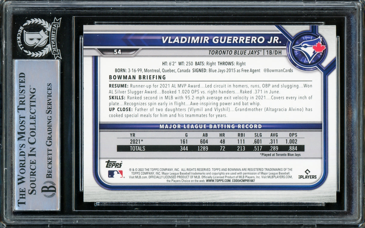 Vladimir Guerrero Jr. Autographed 2022 Bowman Card #54 Toronto Blue Jays Beckett BAS #15866547
