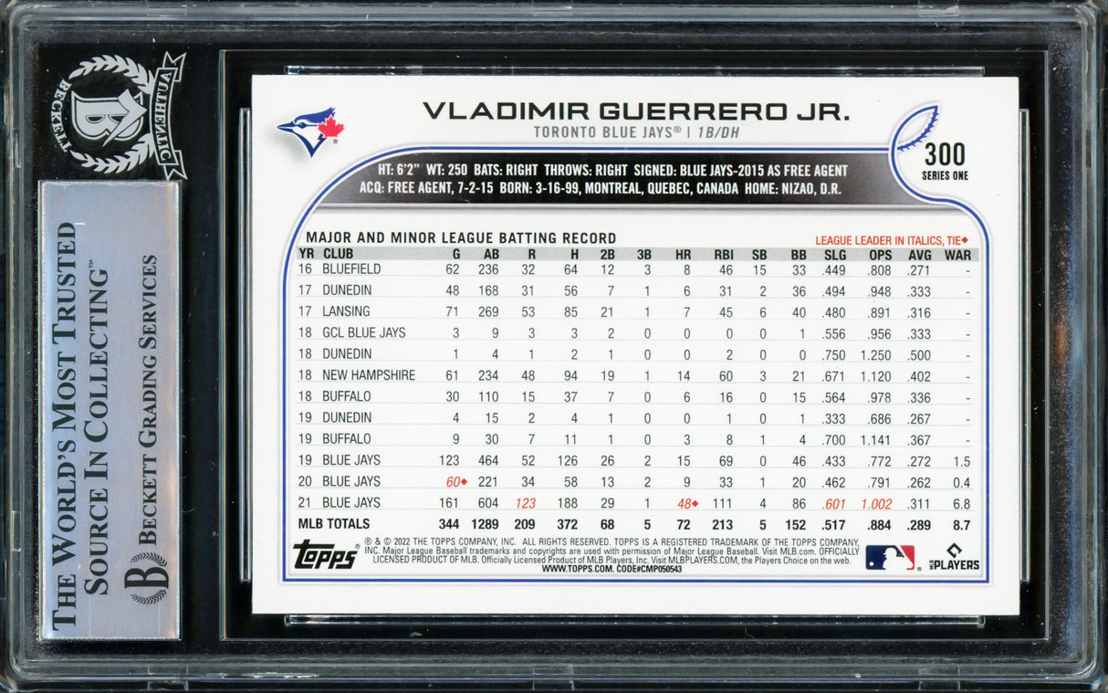 Vladimir Guerrero Jr. Autographed 2022 Topps Card #300 Toronto Blue Jays (Slight Bubbling) Beckett BAS #15866561