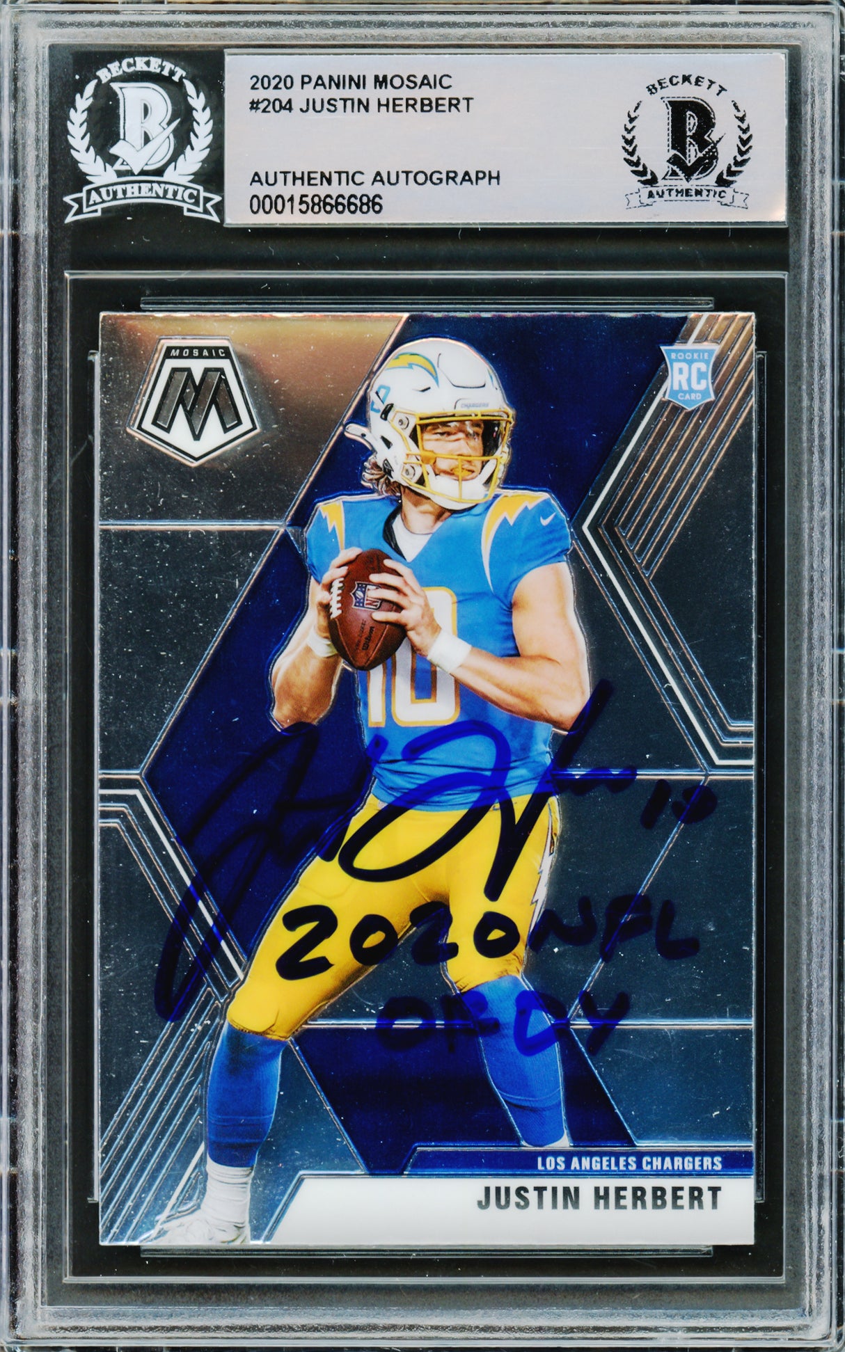 Justin Herbert Autographed 2020 Panini Mosaic Rookie Card #204 Los Angeles Chargers "2020 NFL OROY" Beckett BAS #15866686