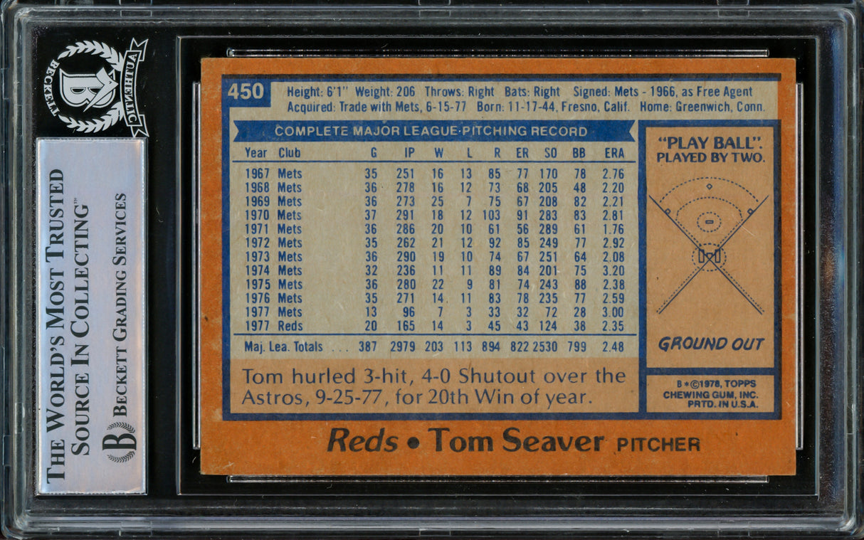 Tom Seaver Autographed 1978 Topps Card #450 Cincinnati Reds Beckett BAS #15866730