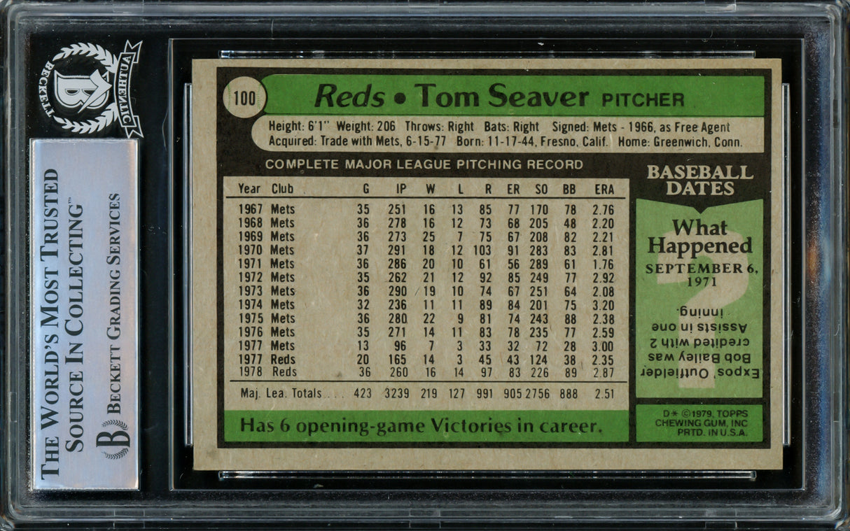 Tom Seaver Autographed 1979 Topps Card #100 Cincinnati Reds Beckett BAS #15866732