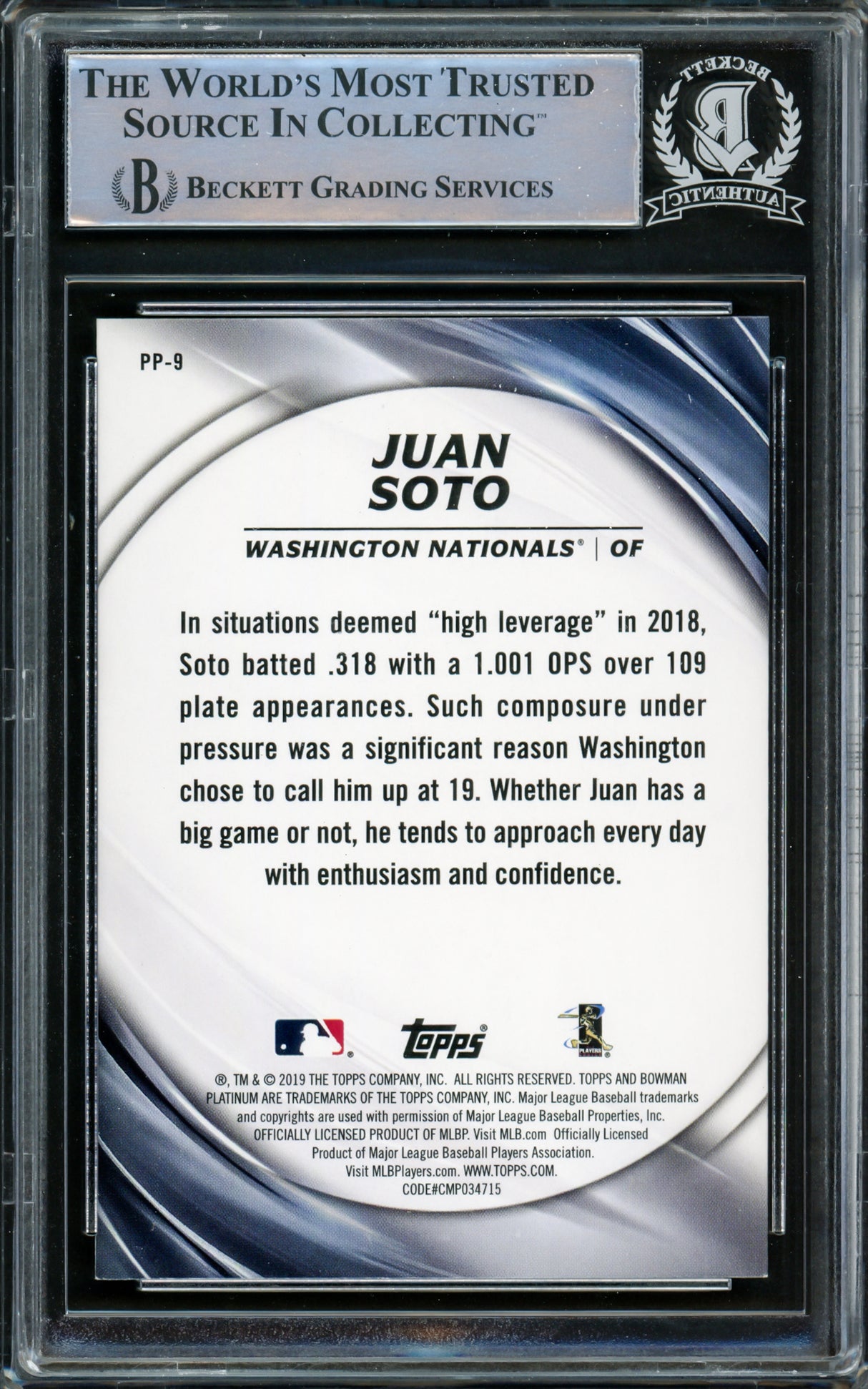 Juan Soto Autographed 2019 Bowman Platinum Presence Card #PP-9 New York Yankees Beckett BAS #15866915