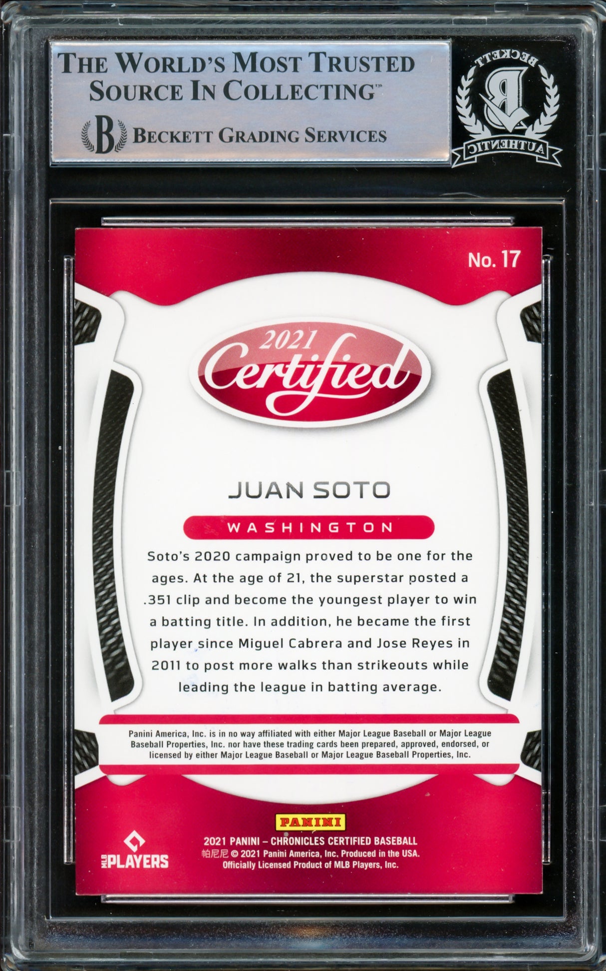 Juan Soto Autographed 2021 Panini Certified Card #17 New York Mets Beckett BAS #15866922