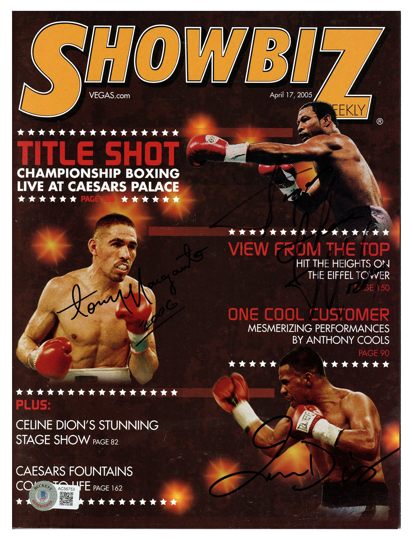 Antonio Margarito, "Sugar" Shane Mosley & Juan Diaz Autographed Showbiz Magazine Beckett BAS #AC56753