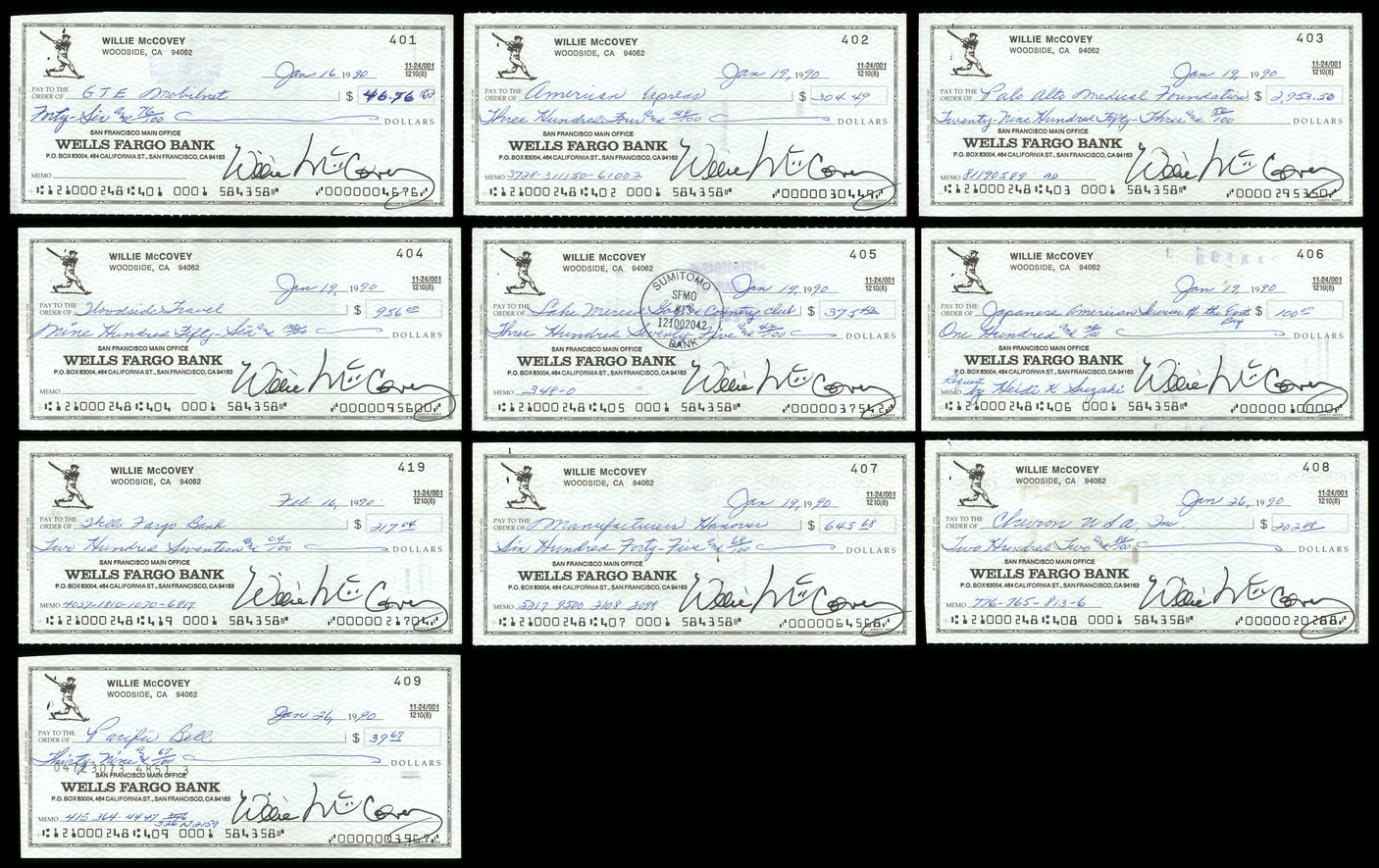Lot of 50 Willie McCovey Autographed 3x6 Checks San Francisco Giants SKU #219430