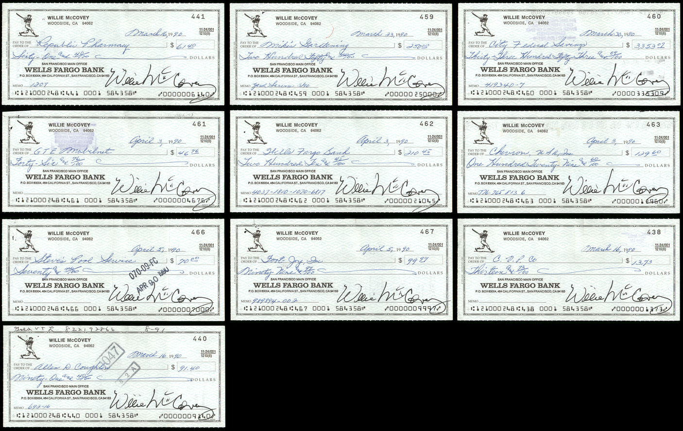 Lot of 50 Willie McCovey Autographed 3x6 Checks San Francisco Giants SKU #219431