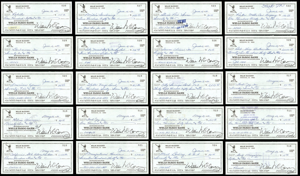 Lot of 20 Willie McCovey Autographed 3x6 Checks San Francisco Giants SKU #219429