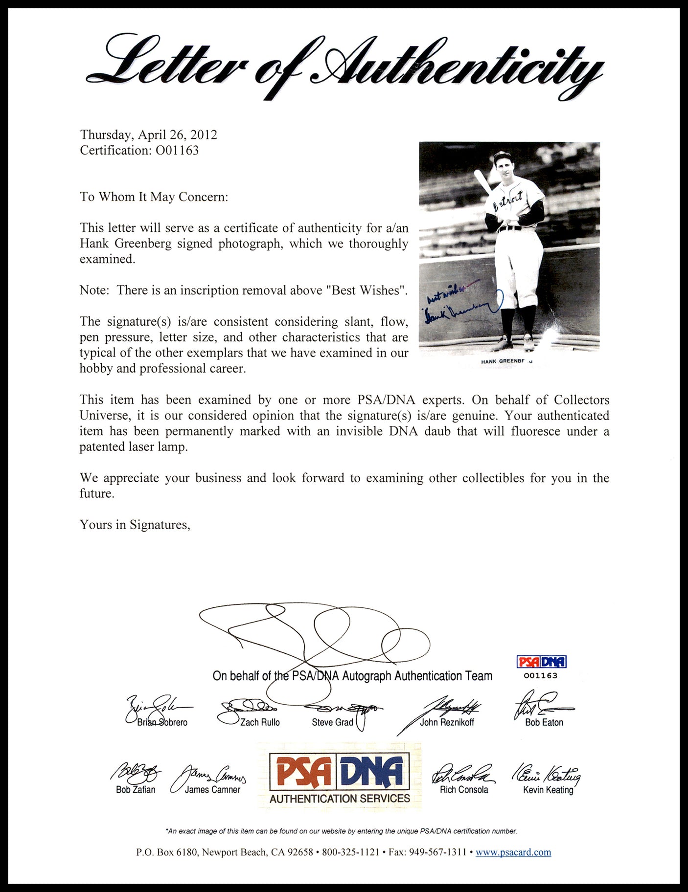 Hank Greenberg Autographed Framed 8x10 Photo Detroit Tigers "Best Wishes" PSA/DNA #O01163